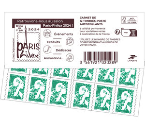 Carnet 12 timbres Marianne de l'avenir - Lettre Verte - Couverture Salon Paris-Philex 2024