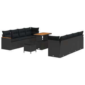 Ensemble de canapés jardin 11 pièces avec coussins Noir Rotin Polyéthylène Acacia