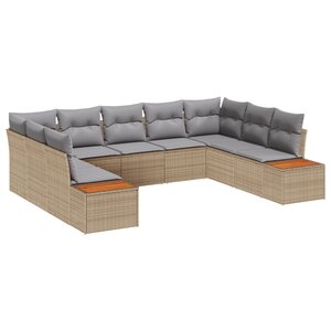 vidaXL Ensemble de canapé de jardin 9 pièces avec coussins en rotin poly beige acacia