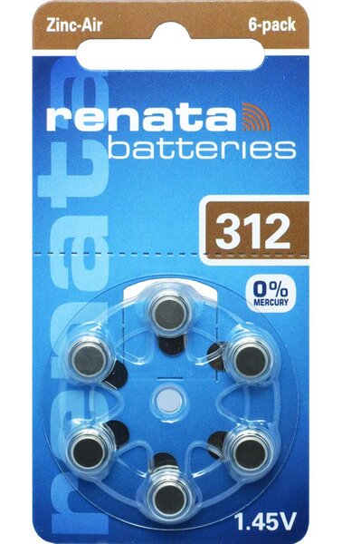 Blister de 6 Pile auditive ZA312 Zinc Air 0% Mercury 1,45V RENATA