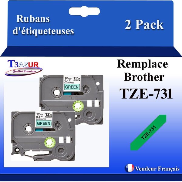 2x Rubans d'étiqueteuses compatibles avec Brother Tze731  Tze-731 - Texte noir sur fond vert