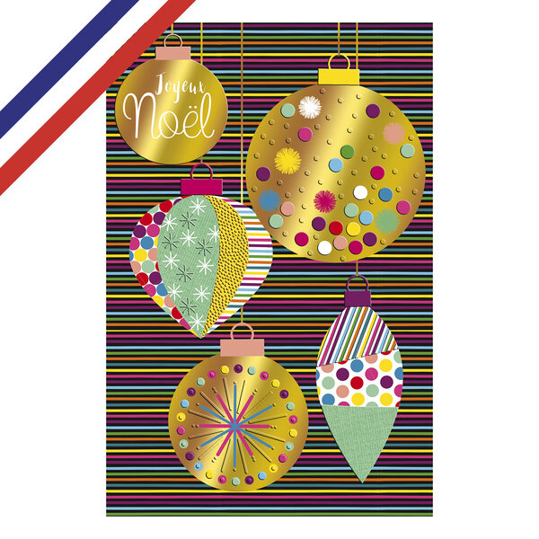 Carte double joyeux noël boules multico et dorées