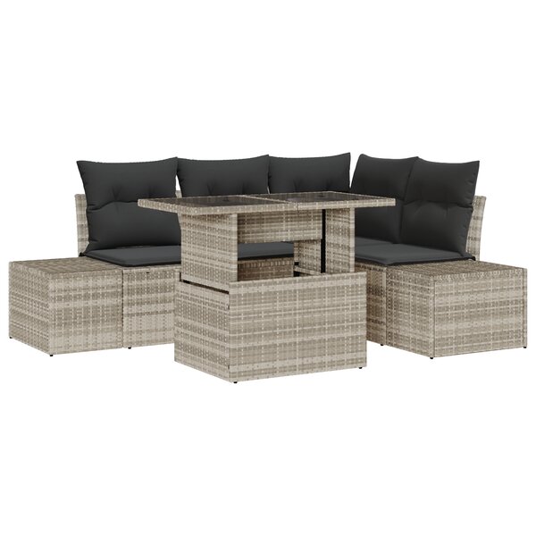 vidaXL Set de canapé de jardin 5 pièces avec coussins gris clair en poly rotin