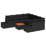 vidaXL Ensemble de Canapés de Jardin de 9 Pièces avec Coussins Noir Poly Rattan Acacia