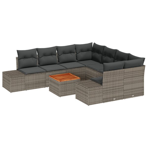 vidaXL Ensemble de canapé de jardin de 9 pièces avec coussins Gris Poly Rattan Acacia