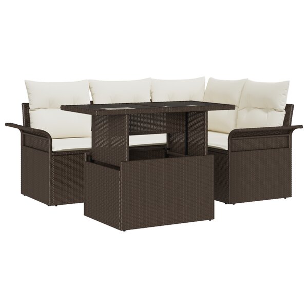 Ensemble de canapé de jardin vidaXL 5 pièces avec coussins Marron Poly Rattan