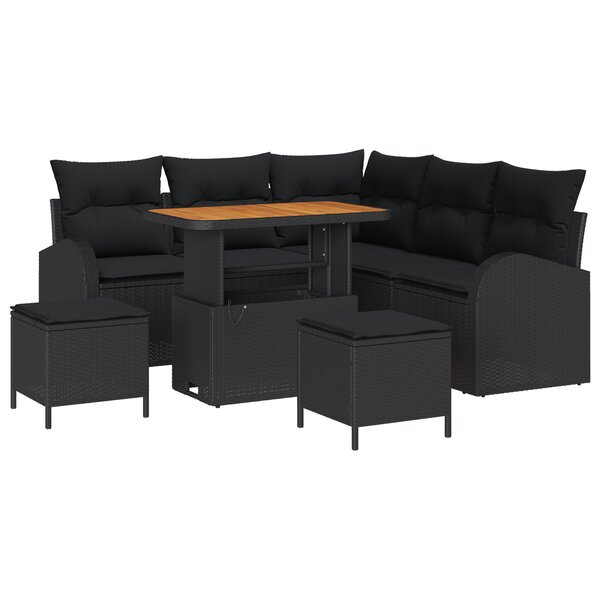 Ensemble de canapés de jardin 8 pièces avec coussins Noir Poly Raphia Acacia