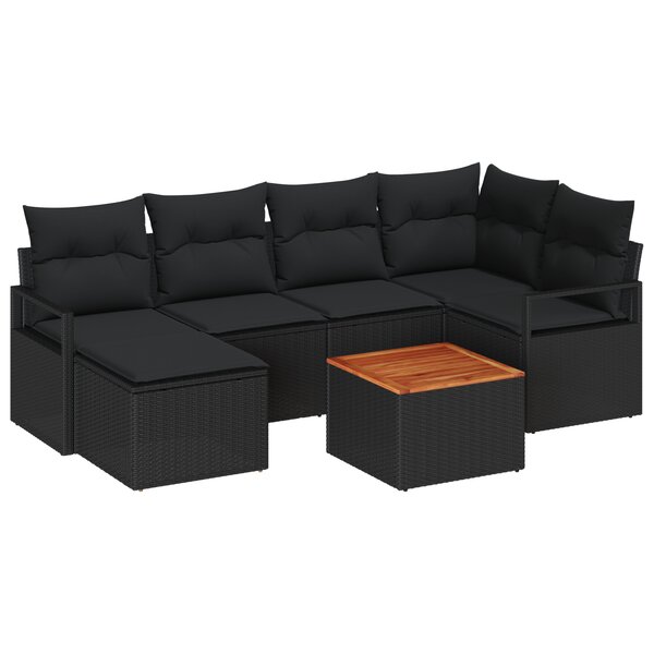Ensemble de canapé de jardin 7 pièces avec coussins noirs en poly rotin acacia