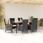 vidaXL Ensemble à manger de jardin coussins 7Pièces Noir Résine tressée
