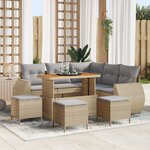 Ensemble de canapé de jardin 9 pièces avec coussins Beige Poly Rattan Acacia