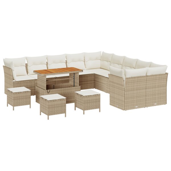 Ensemble de canapés de jardin 14 pièces avec coussins en beige poly rotin acacia
