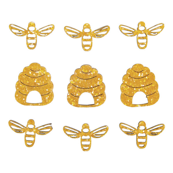 Miniatures en bois Abeilles+ruche  jaune miel  3cm  avec point adhésif  9 pces