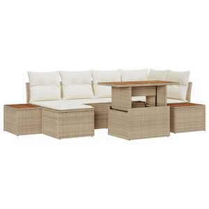 vidaXL Ensemble de salle à manger de jardin 7 pièces avec coussins en beige en poly rotin et acacia