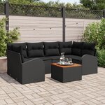 Ensemble de Canapés de Jardin 7 Pièces avec Coussins Noir Rattan Poly Acacia