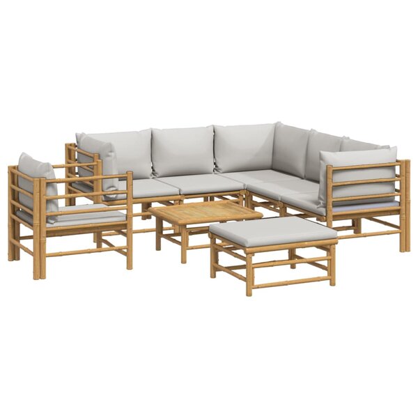 Salon de jardin meuble d'extérieur ensemble de mobilier 8 pièces avec coussins gris clair bambou 02_0017588
