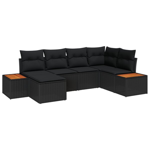 Set de canapé de jardin 6 pièces avec coussins noir poly rotin acacia