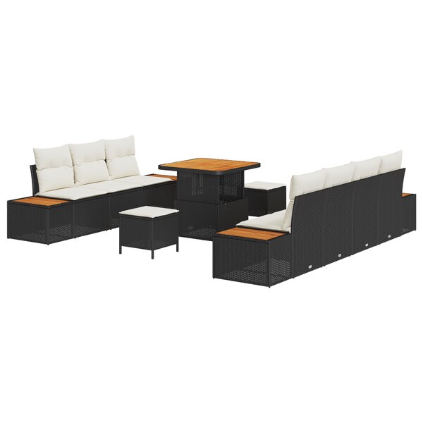 Ensemble de canapé de jardin 10 pièces avec coussins noir poly rattan