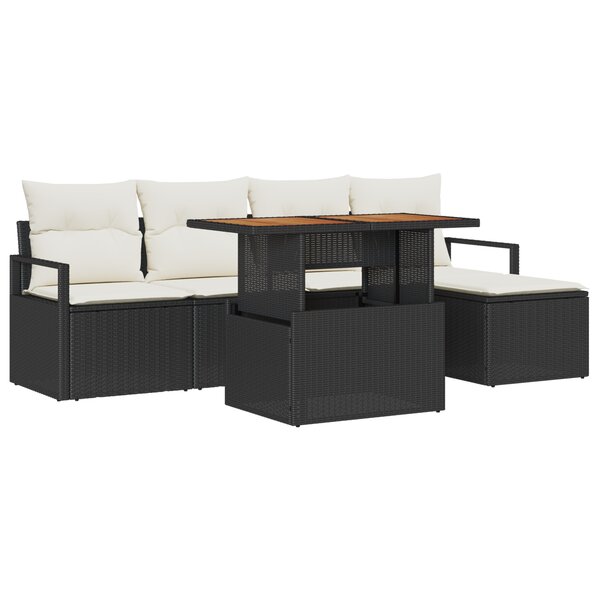 Ensemble de Canapé de Jardin de 6 Pièces vidaXL avec Coussins Rattan Poly Noir Acacia