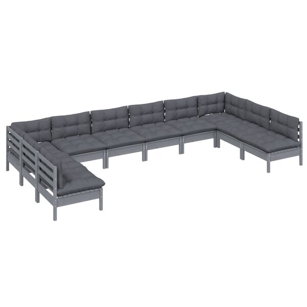 Salon de jardin meuble d'extérieur ensemble de mobilier 10 pièces avec coussins gris bois de pin solide 02_0015036