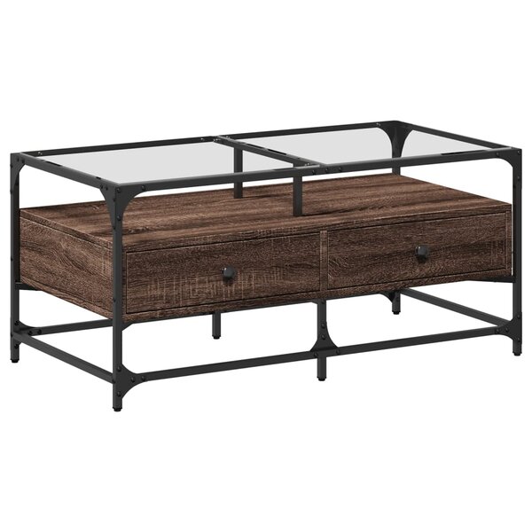 vidaXL Table basse et dessus en verre chêne marron 98 5x50x45 cm acier