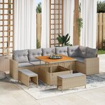 Ensemble de canapé de jardin 9 pièces avec coussins Rotin poly beige Acacia