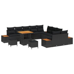 Ensemble de canapé de jardin 13 pièces avec coussins Noir poly rotin Acacia