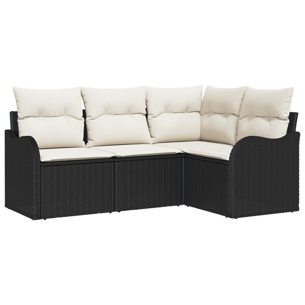 Canapé de Jardin 4 Pièces avec Coussins Noir Rattan en Poly