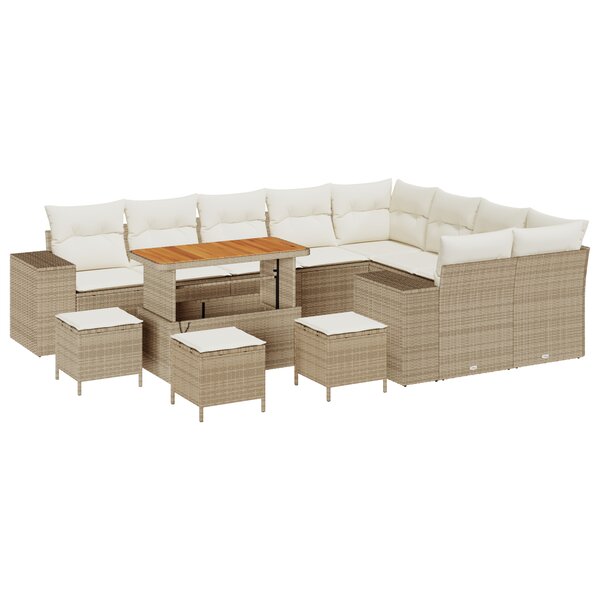 Ensemble de Canapé de Jardin 13 Pièces avec Coussins Beige Rattan Poly Acacia