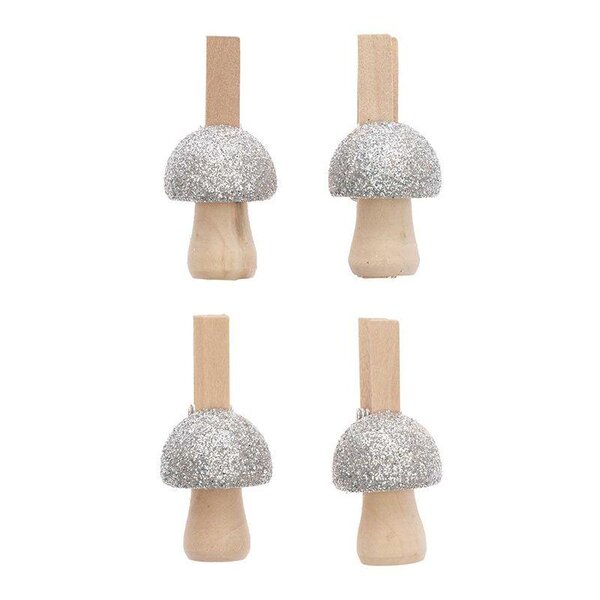 4 pinces champignons en bois pailletées argentées