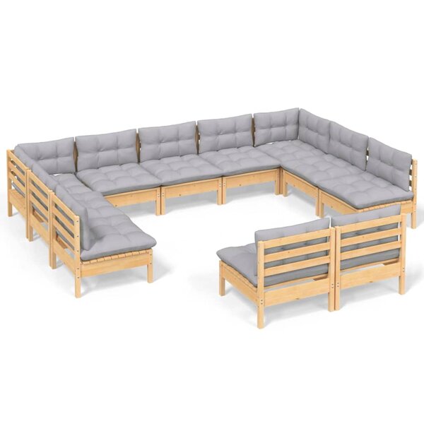 vidaXL Salon de jardin 11 Pièces avec coussins gris Bois de pin solide