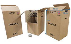 Lot de 3 Cartons Penderie 50x50x100 cm avec Tringles+ 1 Rouleau Adhésif & 10 Cintres Offerts
