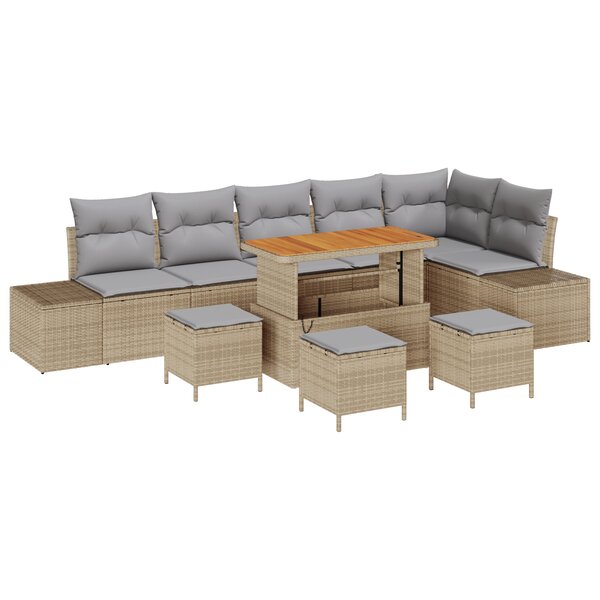 Ensemble de canapé de jardin 10 pièces avec coussins poly rotin beige acacia