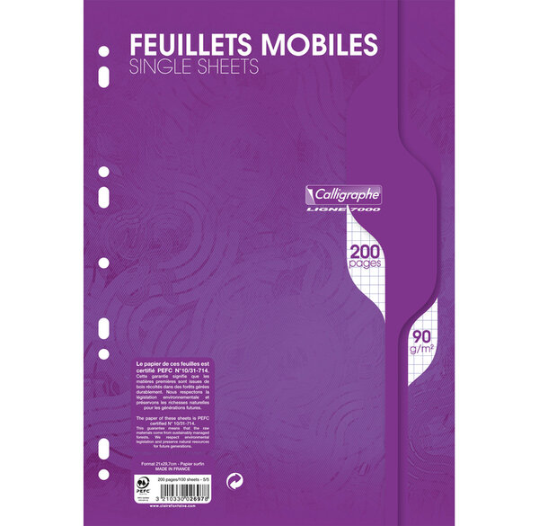 Feuillets mobiles s/film 21x29,7 200p Q.5x5 90g Blanc CALLIGRAPHE
