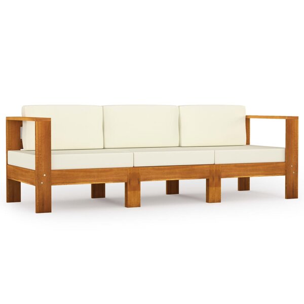 Canapé de jardin meuble extérieur 3 places et coussins blanc crème bois d'acacia 02_0013232