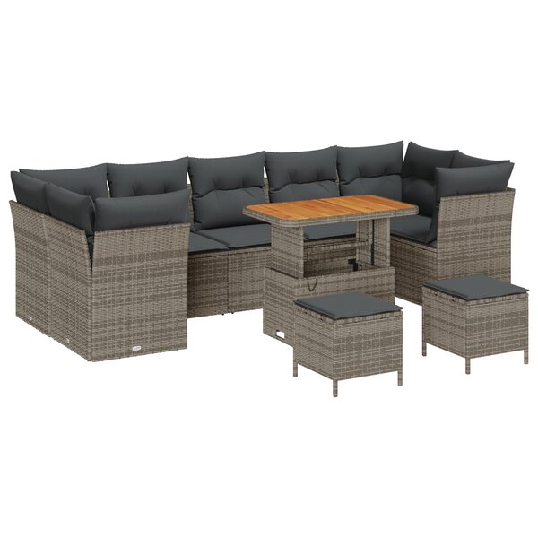 Ensemble de Canapé de Jardin de 10 pièces avec Coussins Gris Poly Rattan Acacia