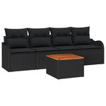 Ensemble de 5 Pièces Canapé de Jardin avec Coussins Noir Poly Rattan Acacia