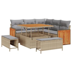 Ensemble de canapé de jardin 8 pièces avec coussins beige poly rotin acacia