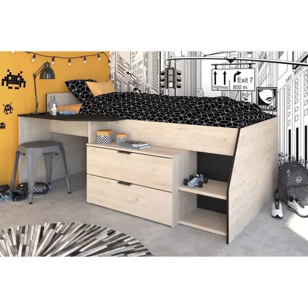 Lit Combiné enfant - Décor chêne Jackson et Noir - 90 x 190/ 200 cm