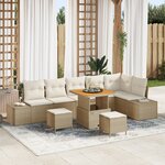 vidaXL Ensemble de Canapés de Jardin 9 Pièces avec Coussins Beige Rattan Poly Acacia