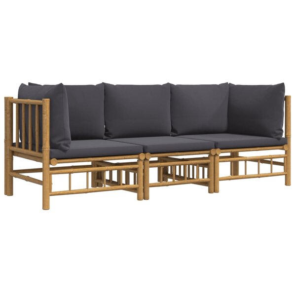 Salon de jardin meuble d'extérieur ensemble de mobilier 3 pièces avec coussins gris foncé bambou 02_0015967