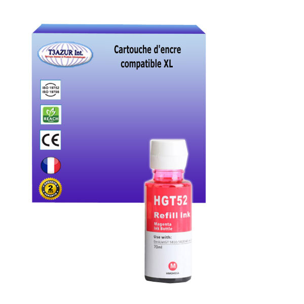 Bouteille d'encre compatible avec HP Smart Tank 610, 615, 617, 618 remplace HP GT52- Magenta - 70ml - T3AZUR