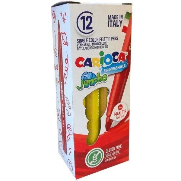 LOT de 12 Stylo marqueur Carioca Jumbo - Corps Maxi Octogonal - Encre Super Lavable - Pointe Verrouillée Maxi 6mm - Capuchon Ventilé - Couleur Jaune