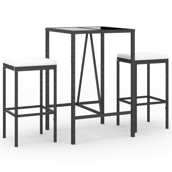vidaXL Ensemble de bar de jardin 3 Pièces avec coussins noir poly rotin