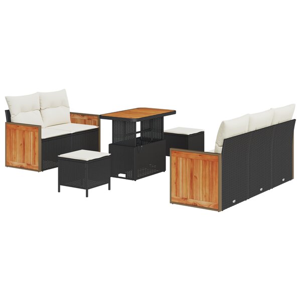 Ensemble de canapés de jardin 8 pièces avec coussins noir poly rotin acacia