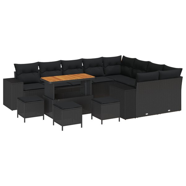 Ensemble de canapé de jardin 13 pièces avec coussins Noir Poly Rotin Acacia