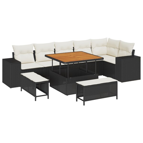 Ensemble de Canapés de Jardin à 9 Pièces en Rattan Poly Noir avec Coussins Crème