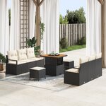 Ensemble de Canapé de Jardin de 9 Pièces avec Coussins Noir Rattan Poly Acacia