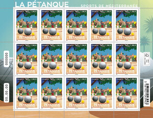 Feuille de 15 timbres - Euromed - La pétanque - Sports de Méditerranée - Lettre internationale