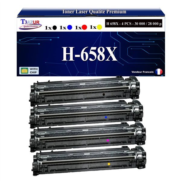 T3AZUR - 4x Toners compatibles avec HP Color LaserJet Enterprise M751dn remplace HP W2000X W2001X W2002X W2003X (HP 658X/658A)