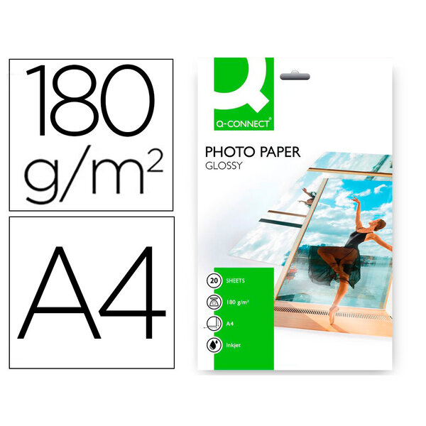 Papier photo q-connect jet d'encre glacé brillant a4 18     0g/m2 compatible toute imprimante paquet 20 feuilles